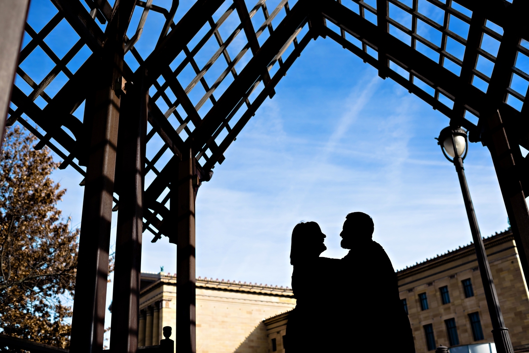 A silhouette of a newly engaged couple in Philadelphia.